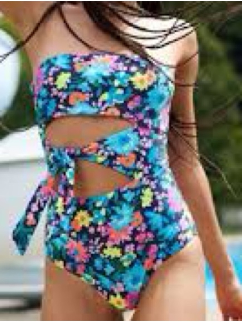 Aerie Women’s One Piece Bathing Suit Floral Cut-Out Twist Front Multi-Color L